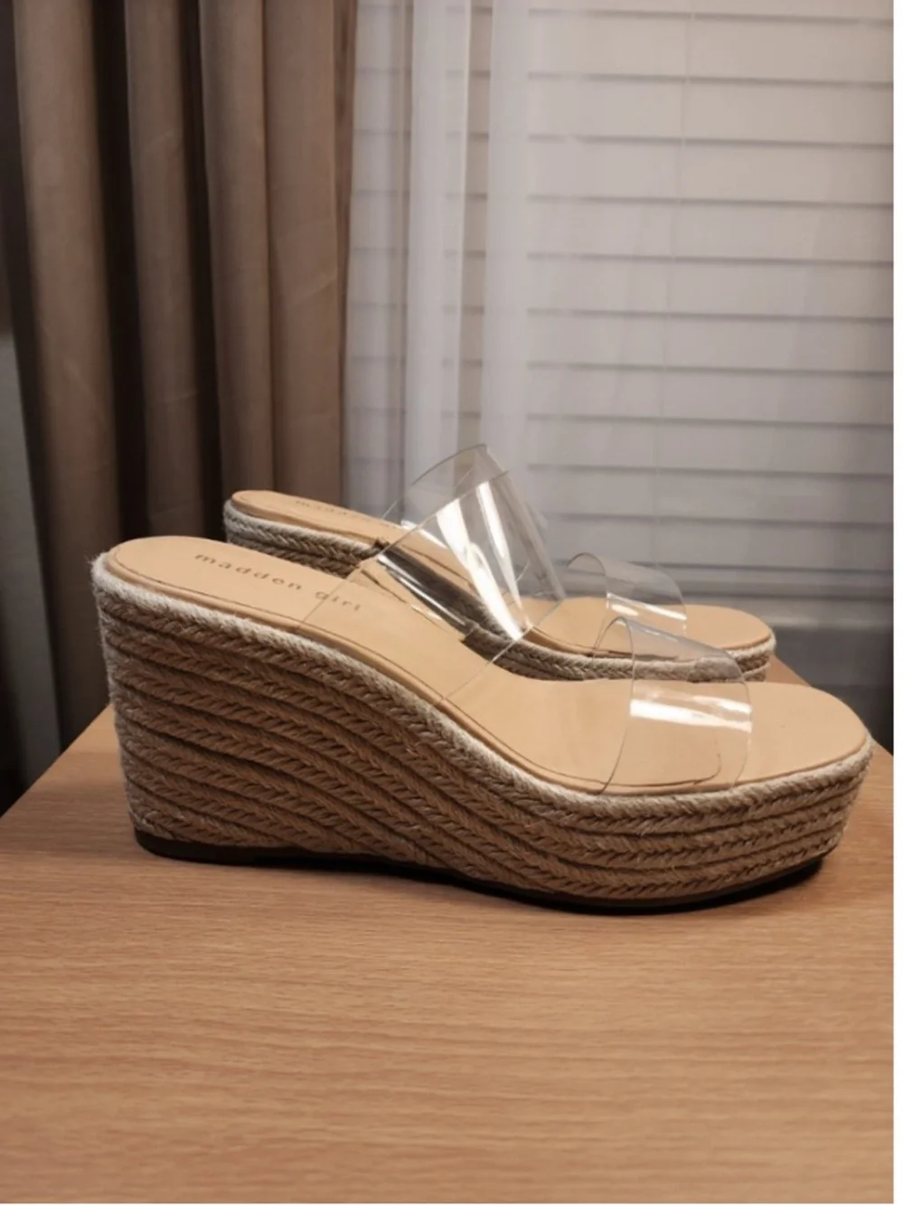 Slip On Clear Strap Espadrille Wedge Sandal Mule - Tan Beige SZ 10 M
